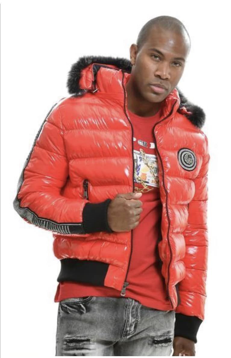 Mens red puffer discount jacket with fur hood